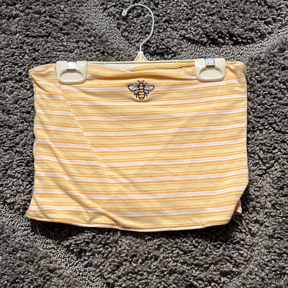 Yellow and white striped tube top with a bumble bee, reversible (solid yellow)
